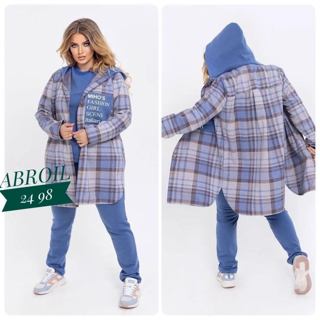 костюм женский на флисе,костюм женский тройка,синий теплый женский костюм-тройка с кардиганом в клетку,кардиган в клетку,стильное пальто