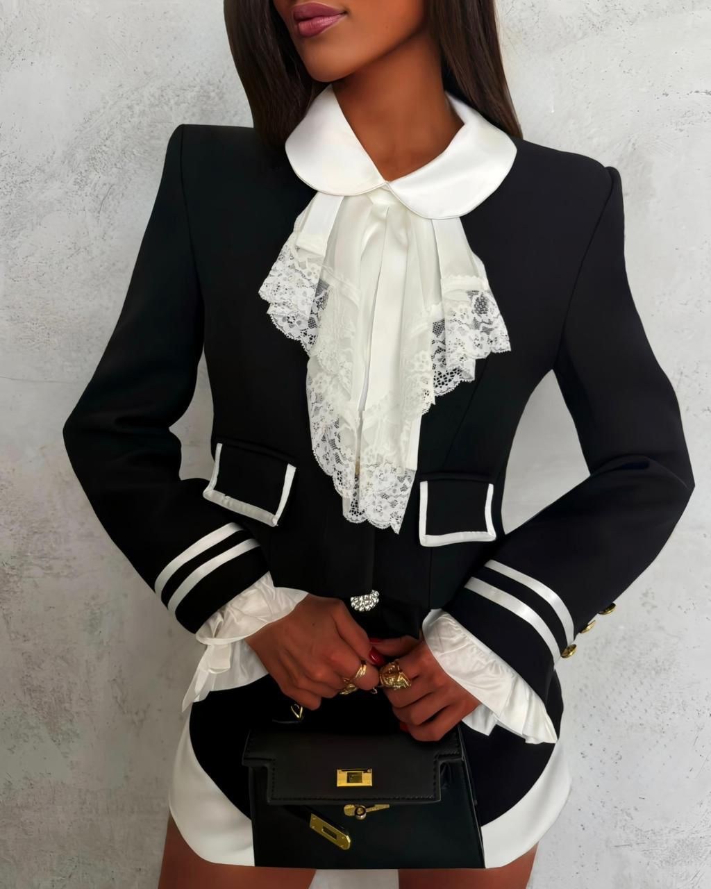 стильные костюмы,блузка элегантная,женские костюмы,одежда комплект,костюм в стиле платье-пиджак и воротником жабо на выпускной bezko