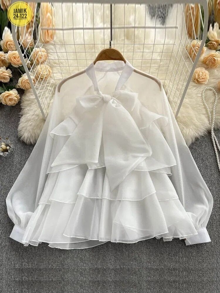 блузка с оборками,женская блузка с оборками,блузка с бантом,шифоновая блузка,блузка из органзы