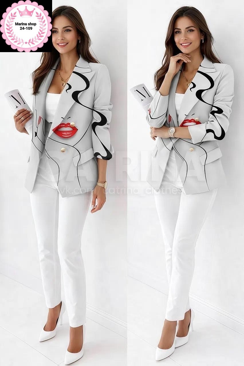 женские костюмы,белый костюм женский,жакет с принтом,женские брючные костюмы,брючный костюм