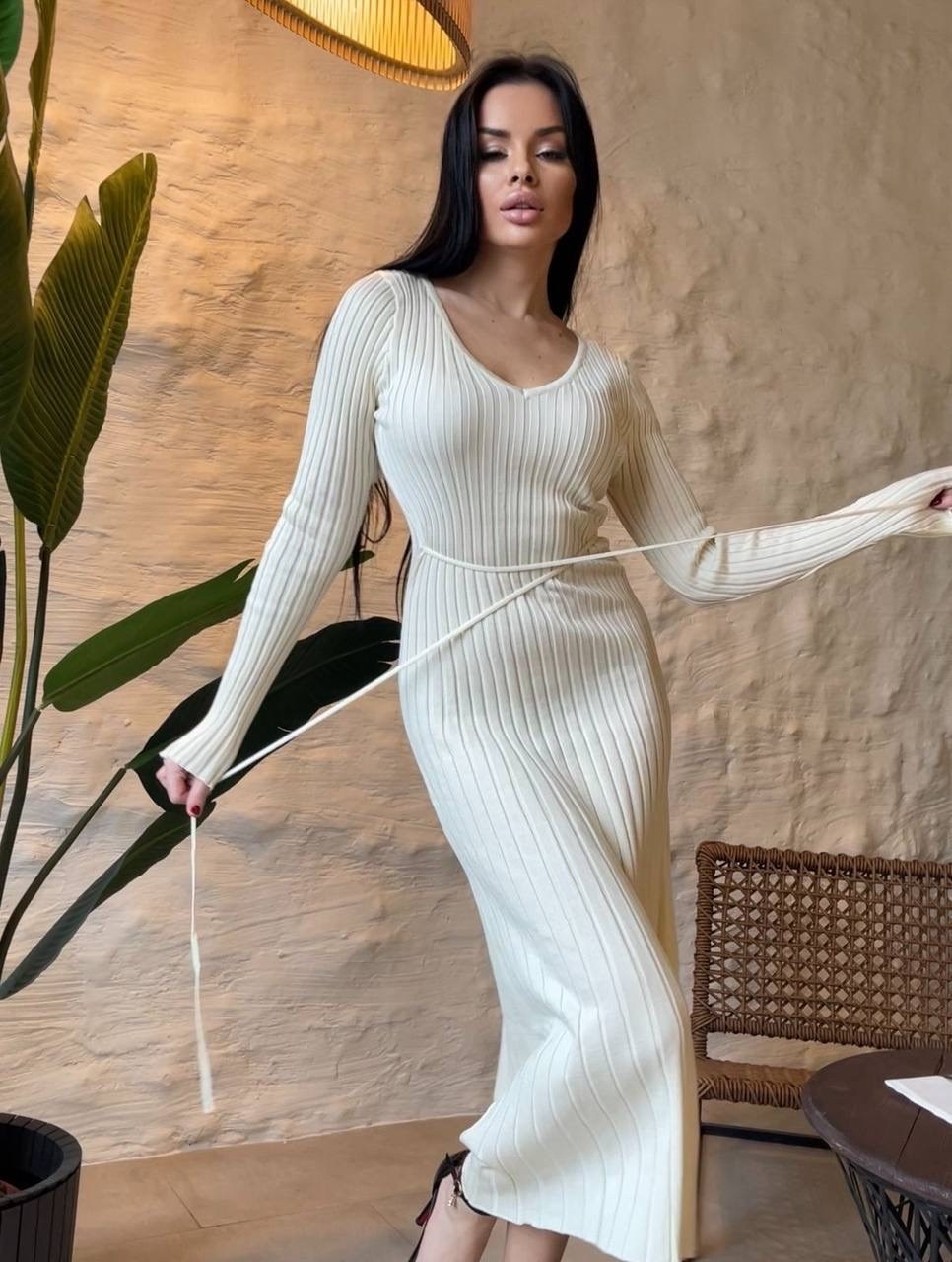 платье лапша женское трикотажное,платье лапша вязаное теплое a&b_dress_code,трикотажное платье-лапша с поясом seven wishes цвет молочный,платье женское,трикотажное платье