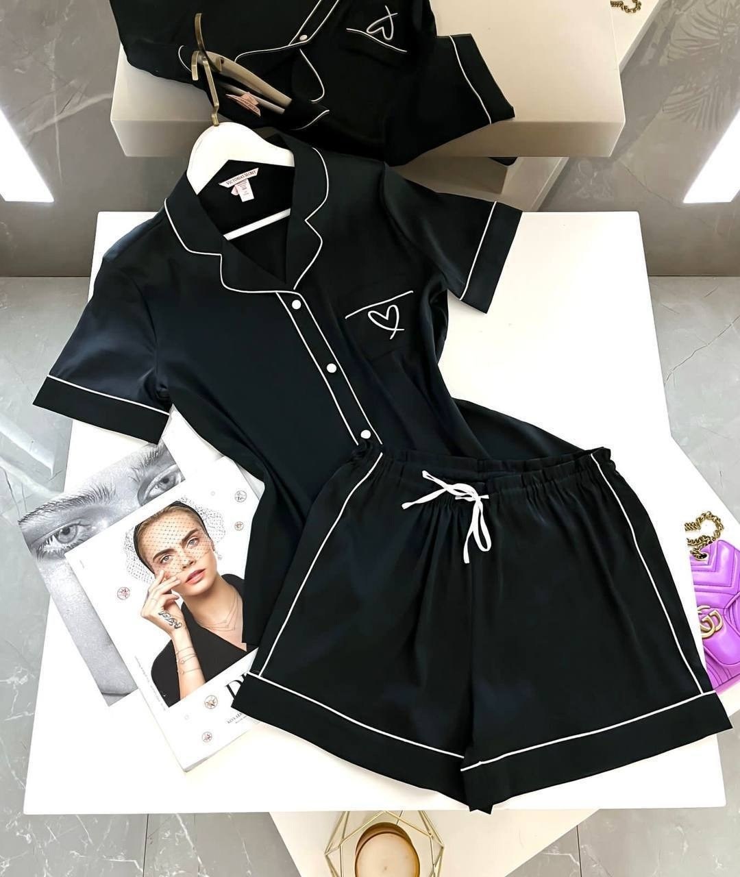 пижама victoria's secret черная,пижама женская,пижамные костюмы,пижама рубашка и шорты,комплект пижама