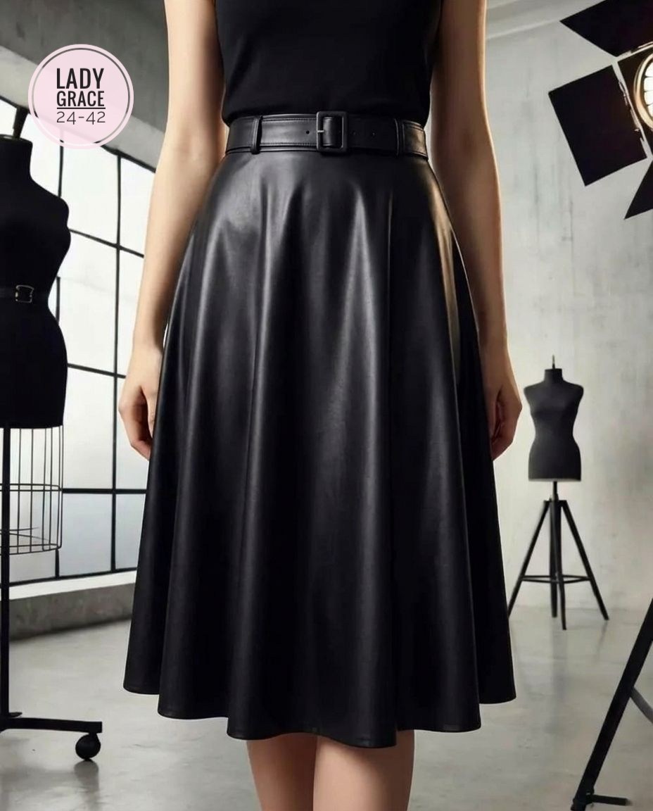 юбка кожаная миди,юбка-миди из искусственной кожи с завышенной талией,юбка полусолнце из экокожи с карманами и поясом chumakova fashion,кожаная юбка,женская юбка миди из искусственной кожи