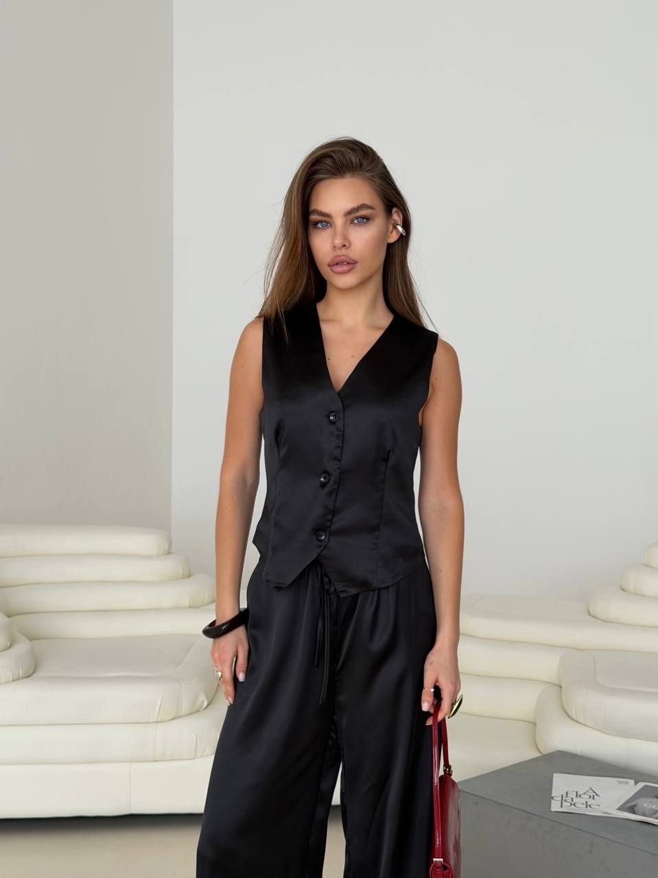 брючный костюм,брючный костюм с жилетом на пуговицах,женский брючный костюм,женский брючный костюм из жилета и брюк,костюм с жилетом и брюками tizara