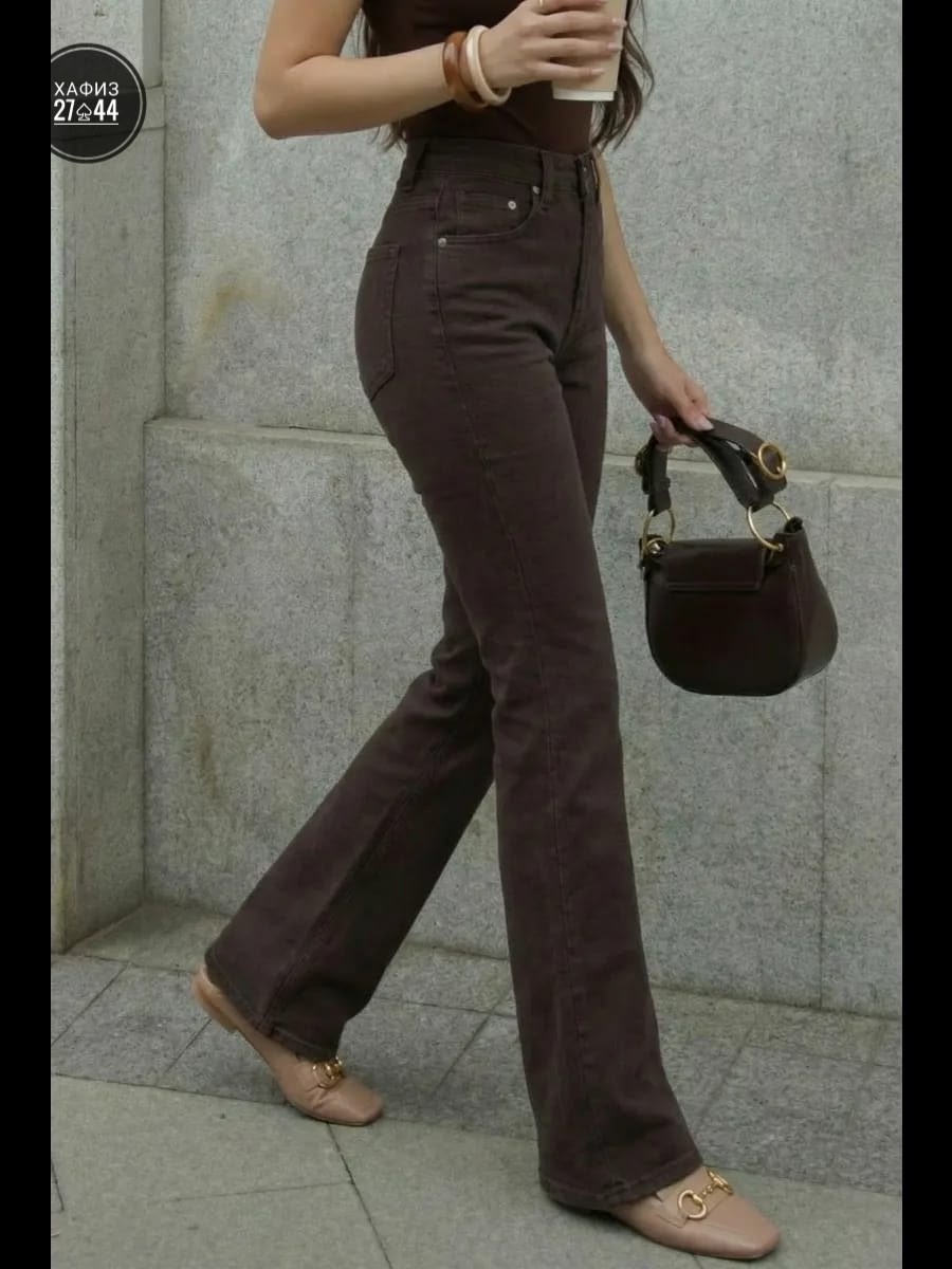 женские джинсы клеш,модные брюки,брюки джинсы,расклешенные джинсы с высокой талией,женские джинсы коричневые джинсовые расклешенные брюки