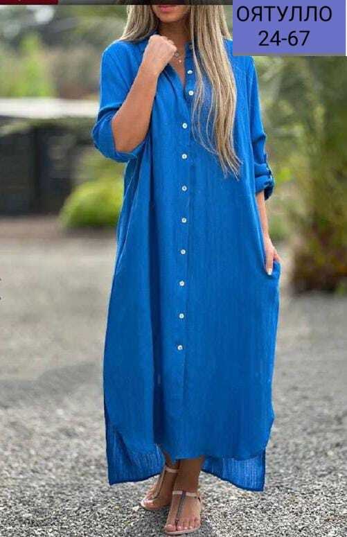 женское длинное платье-рубашка из хлопка и льна,длинное платье рубашка,женское платье рубашка,летнее платье рубашка длинное,платье-рубашка на пуговицах длинное свободное светло-синее