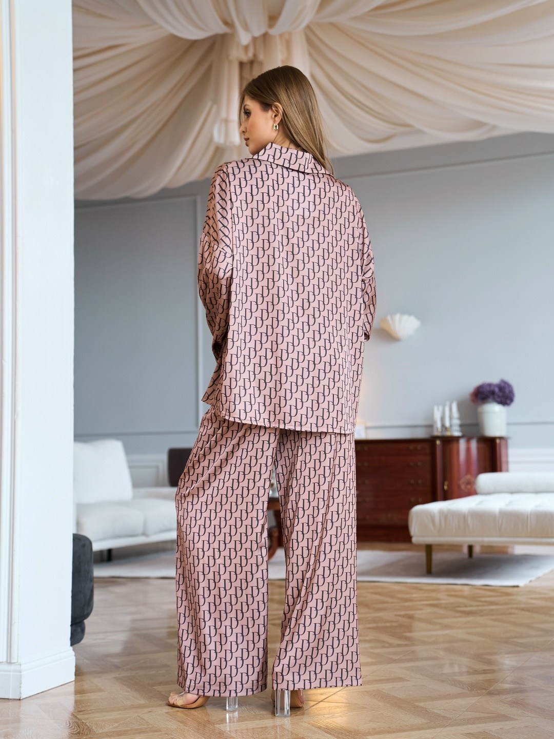 шелковая пижама со штанами miabonila,шелковая пижама,пижама женская,пижама женская с брюками и рубашкой,пижама