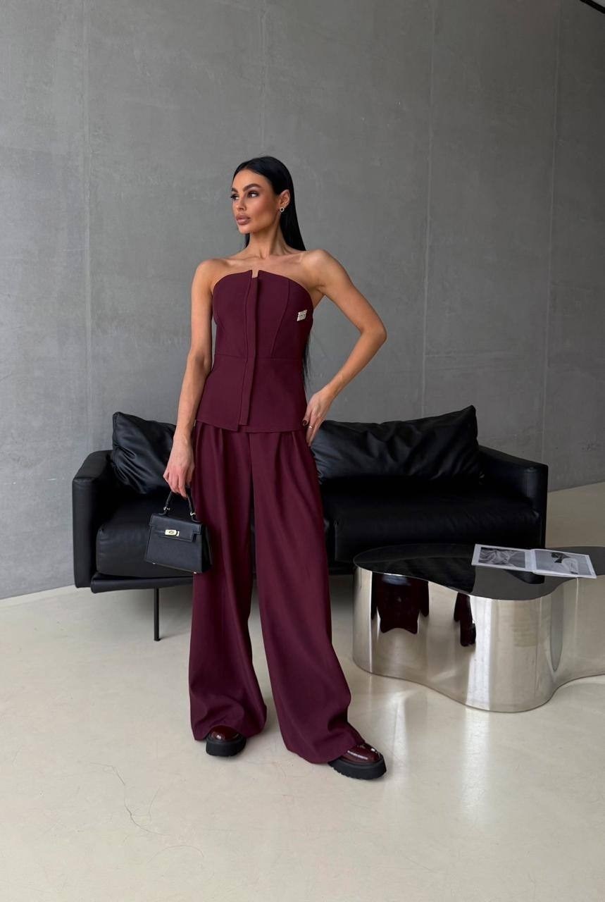 брюки комплект,брюки палаццо,бордовый,широкие брюки