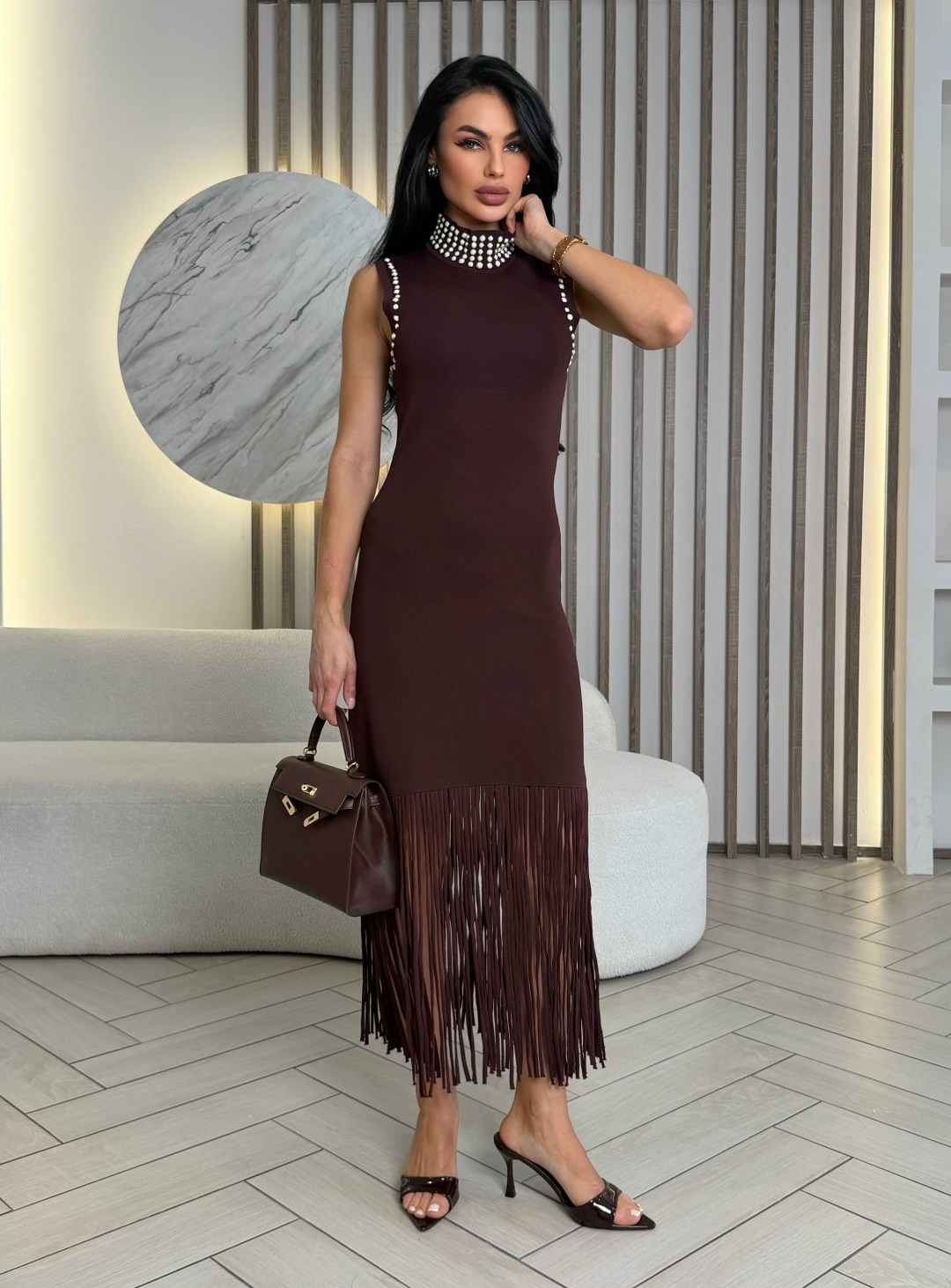 платье бахрома,платье,женское платье,платье коричневое,трикотажное платье