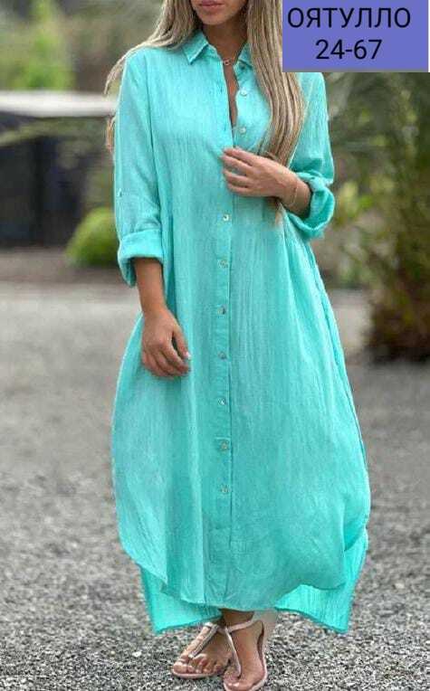 женское длинное платье-рубашка из хлопка и льна,длинное платье рубашка,женское платье рубашка,летнее платье рубашка длинное,платье-рубашка на пуговицах длинное свободное светло-синее