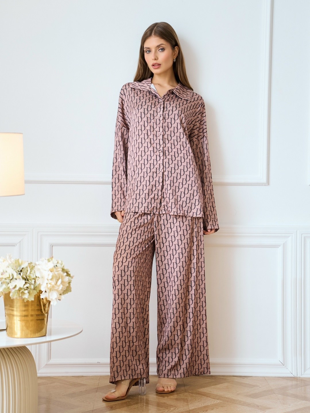 шелковая пижама со штанами miabonila,шелковая пижама,пижама женская,пижама женская с брюками и рубашкой,пижама
