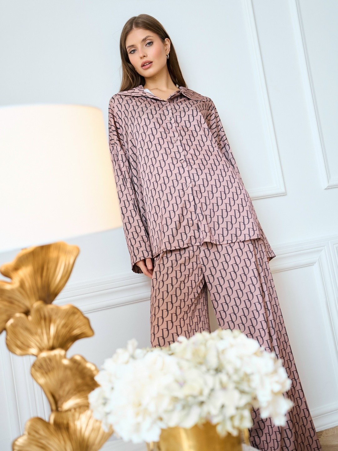 шелковая пижама со штанами miabonila,шелковая пижама,пижама женская,пижама женская с брюками и рубашкой,пижама