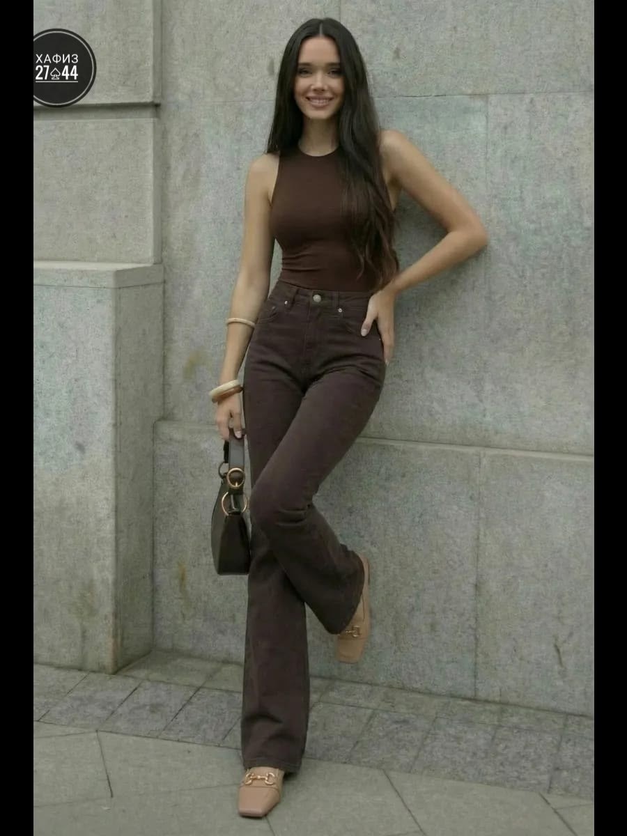 женские джинсы клеш,модные брюки,брюки джинсы,расклешенные джинсы с высокой талией,женские джинсы коричневые джинсовые расклешенные брюки