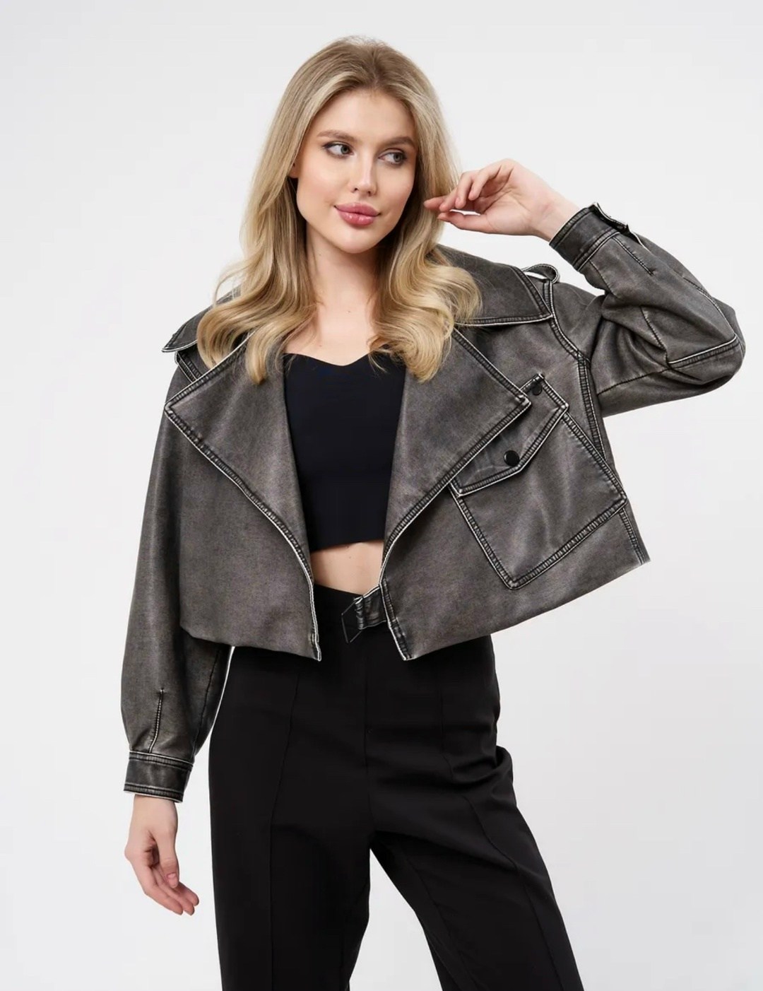 косуха винтажная кожаная куртка серая оверсайз aftfbasic,косуха женская куртка кожаная oversize,куртка косуха,кожаная куртка,косуха серая винтажная куртка кожаная оверсайз