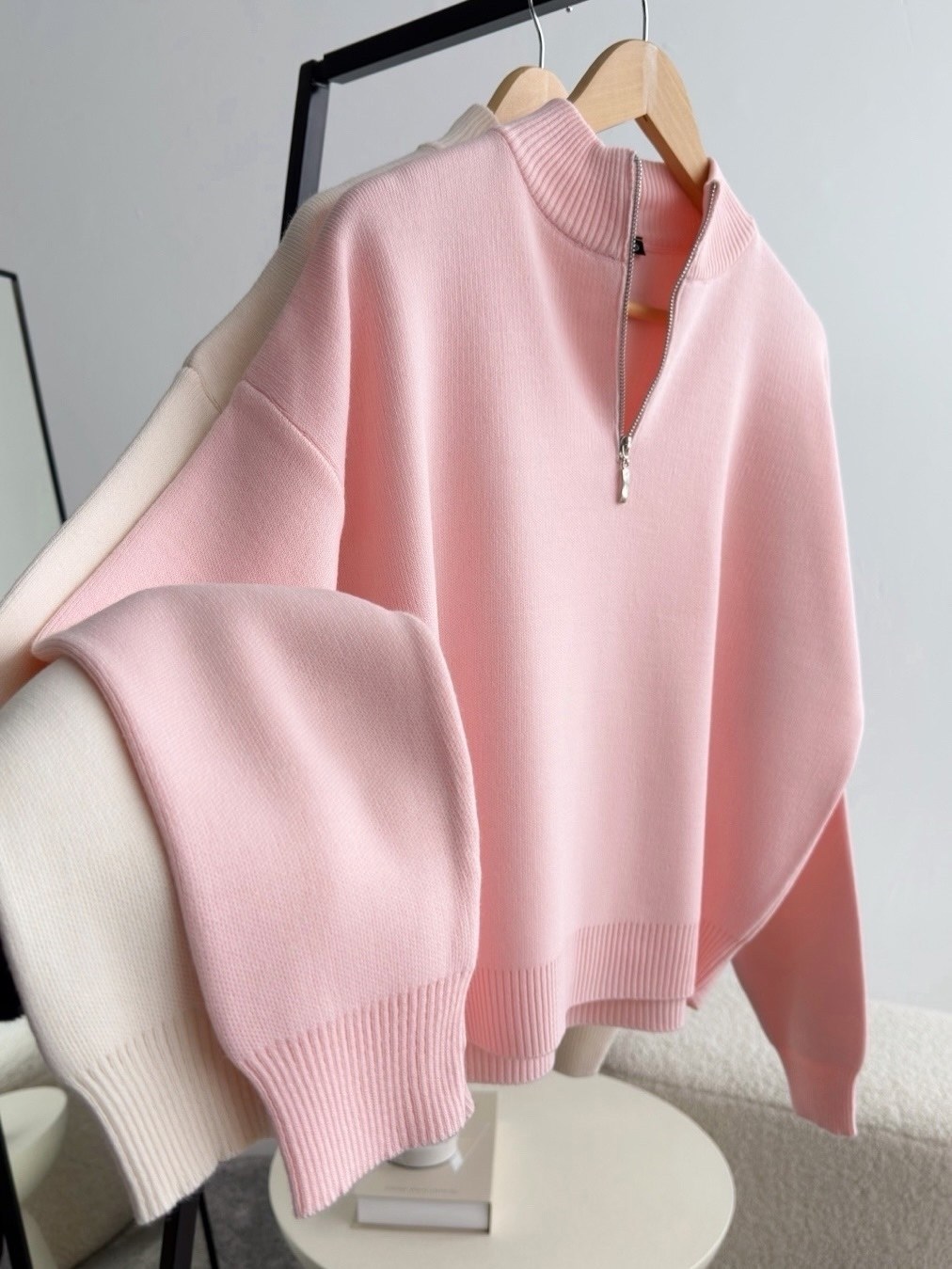 розовый свитер,женский вязаный свитер оверсайз розовый,розовая кофта,свитера женские,свитер на молнии оверсайз