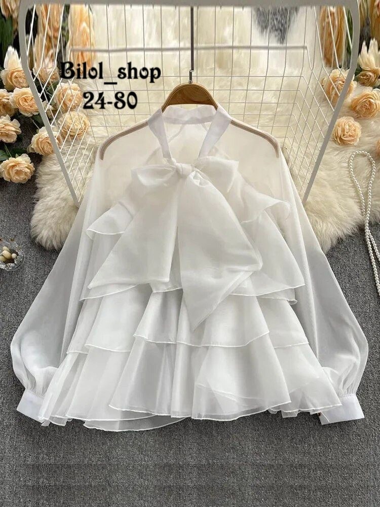 женская блузка с оборками,блузка с оборками,блузка с бантом,шифоновая блузка,блузка из органзы