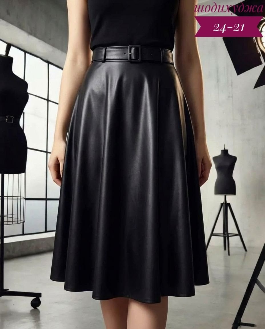 кожаная юбка клеш,юбка полусолнце из экокожи с карманами и поясом chumakova fashion,юбка кожаная миди,юбка кожаная,женская юбка из искусственной кожи с высокой талией