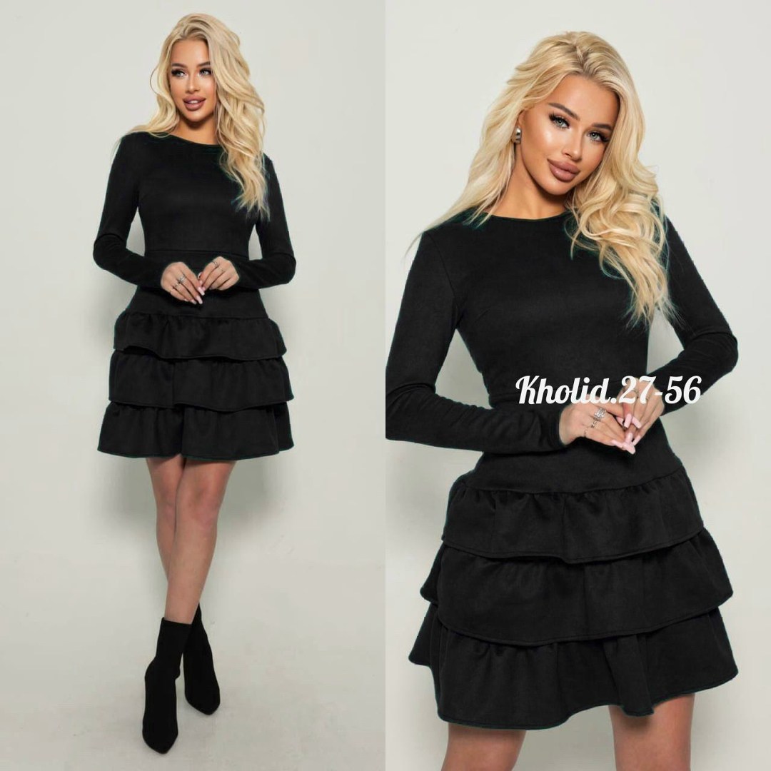 платье с оборками на юбке,платье черное,платье из замши,платье женское черное ярусное,платье