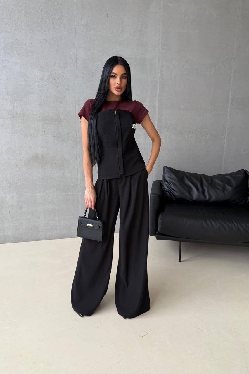 брюки комплект,брюки палаццо,бордовый,широкие брюки