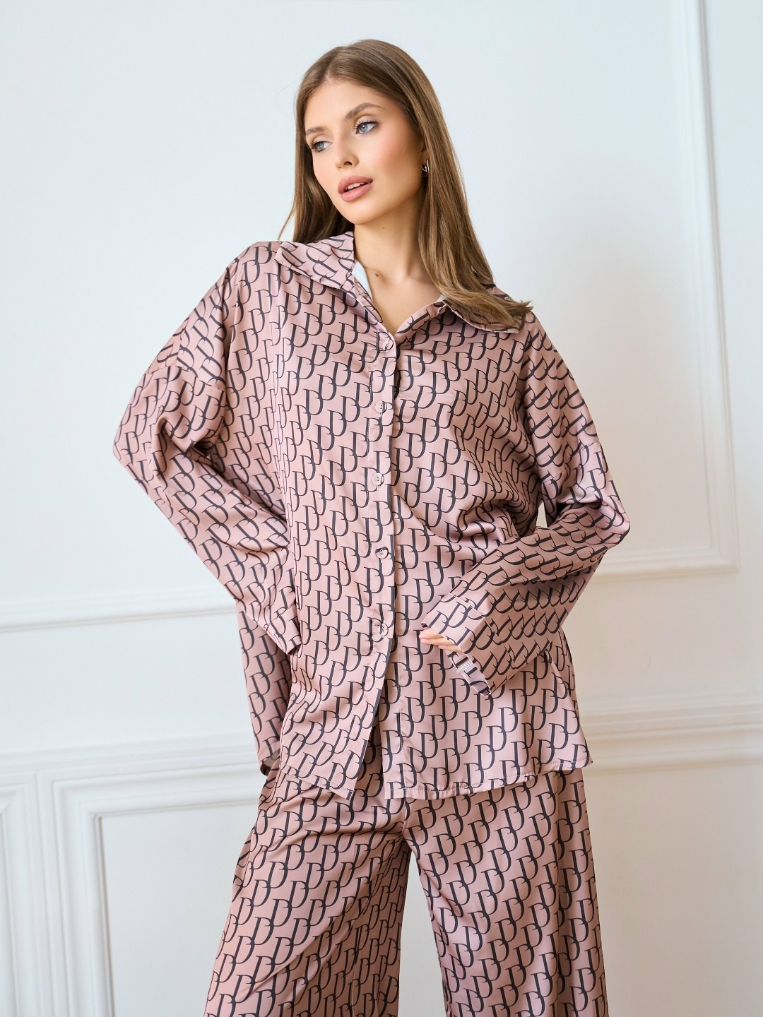 шелковая пижама со штанами miabonila,шелковая пижама,пижама женская,пижама женская с брюками и рубашкой,пижама