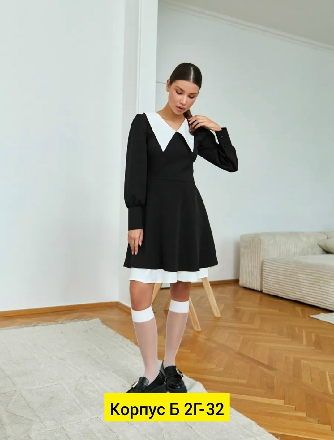 женское платье с белым воротником,черное платье с белым воротником,платье школьное повседневное с воротником fioletta,платье с воротником,платье черное с воротником