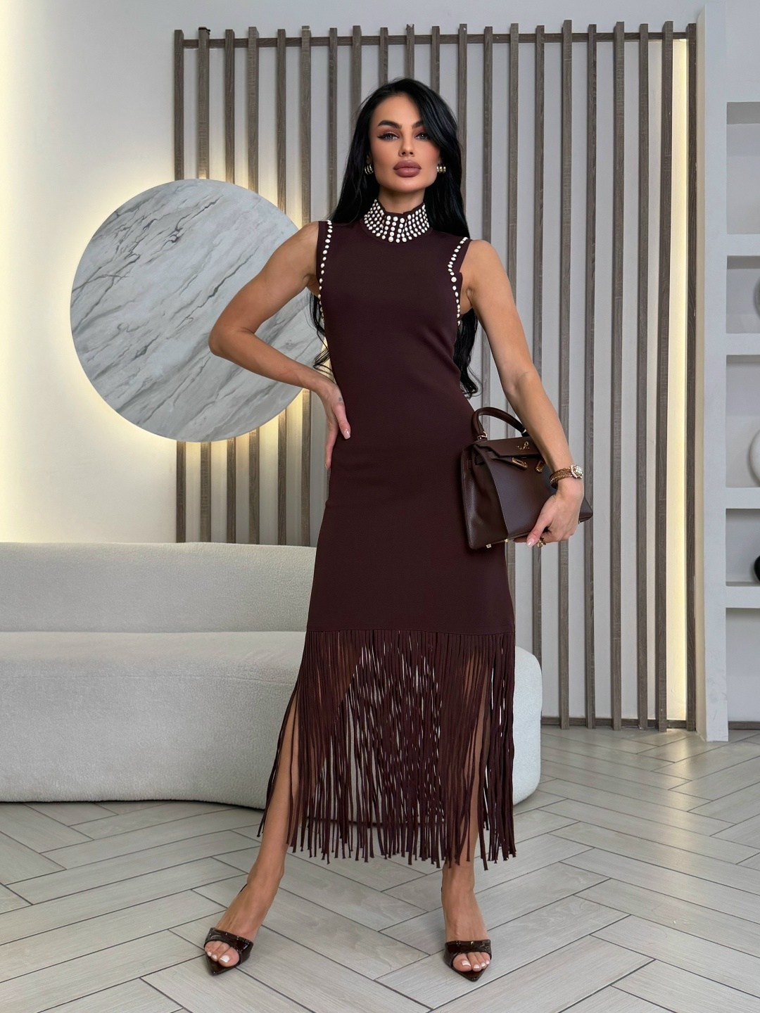 платье бахрома,платье,женское платье,платье коричневое,трикотажное платье