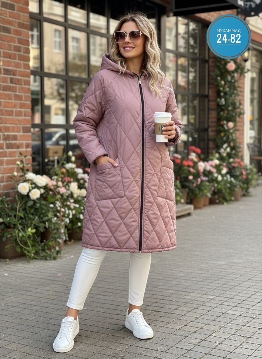 удлиненная куртка,куртка демисезонная,куртка женская,куртка стеганая,стеганая куртка с капюшоном 64-72
