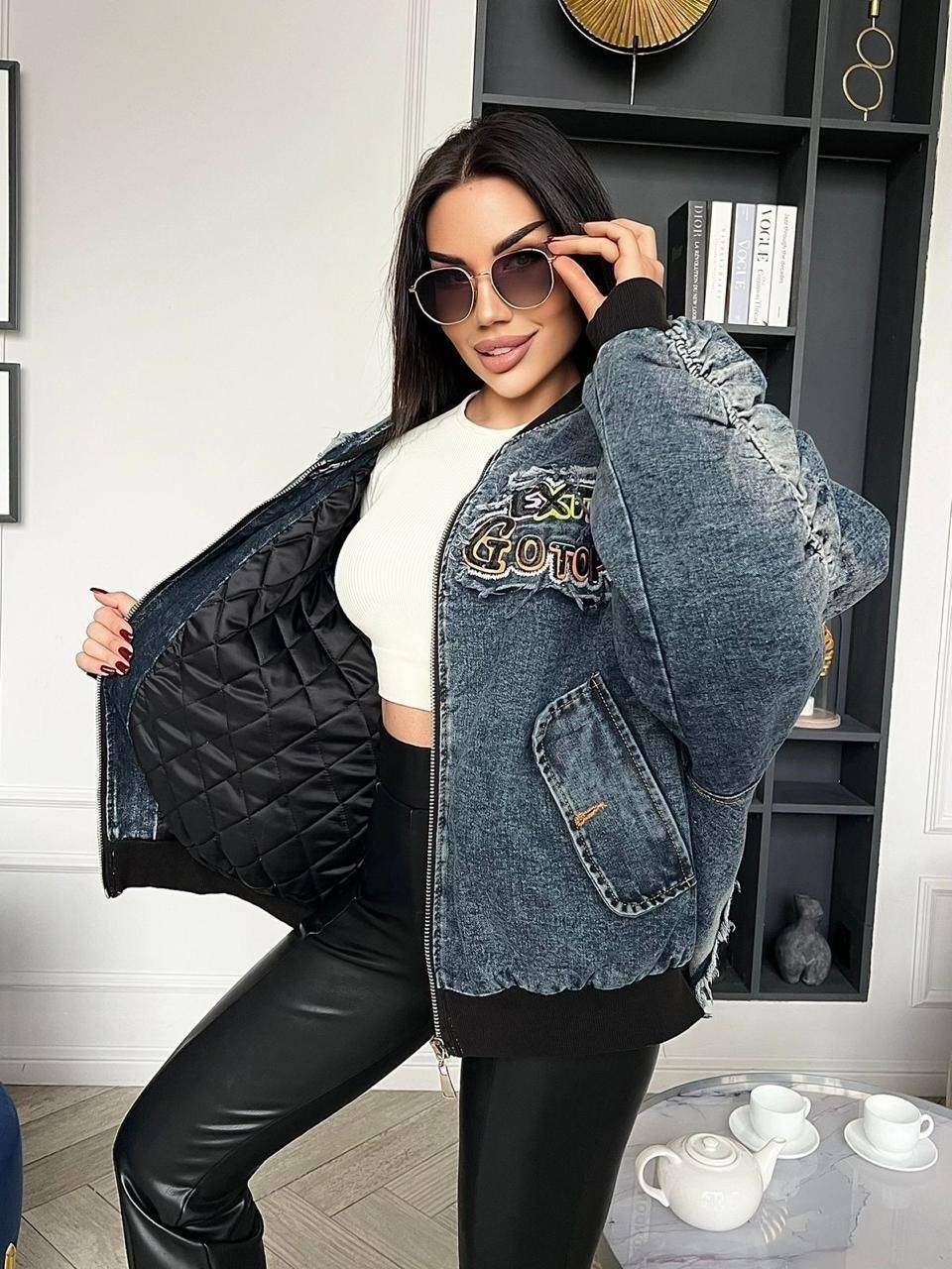 джинсовый бомбер женский likisha fashion,джинсовая куртка,куртка бомбер джинсовая,джинсовый бомбер,куртка женская бомбер