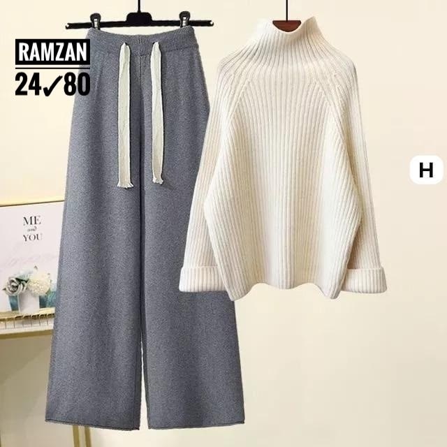 женский комплект из большого свитера с высоким воротником и широких брюк,женский костюм лапша,костюм женский кашемировый из свитера и брюк с высоким воротником,брюки с широкими штанинами,теплый трикот