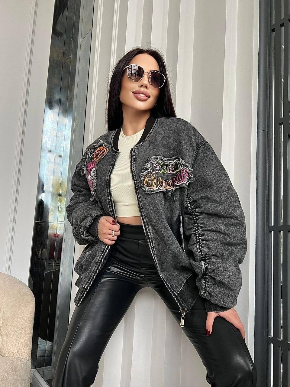 джинсовый бомбер женский likisha fashion,джинсовая куртка,куртка бомбер джинсовая,джинсовый бомбер,куртка женская бомбер