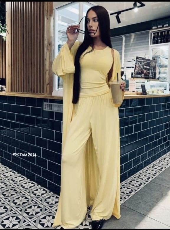 костюм женский,костюм желтый,костюм с брюками,костюм тройка вискоза,костюм тройка с кардиганом
