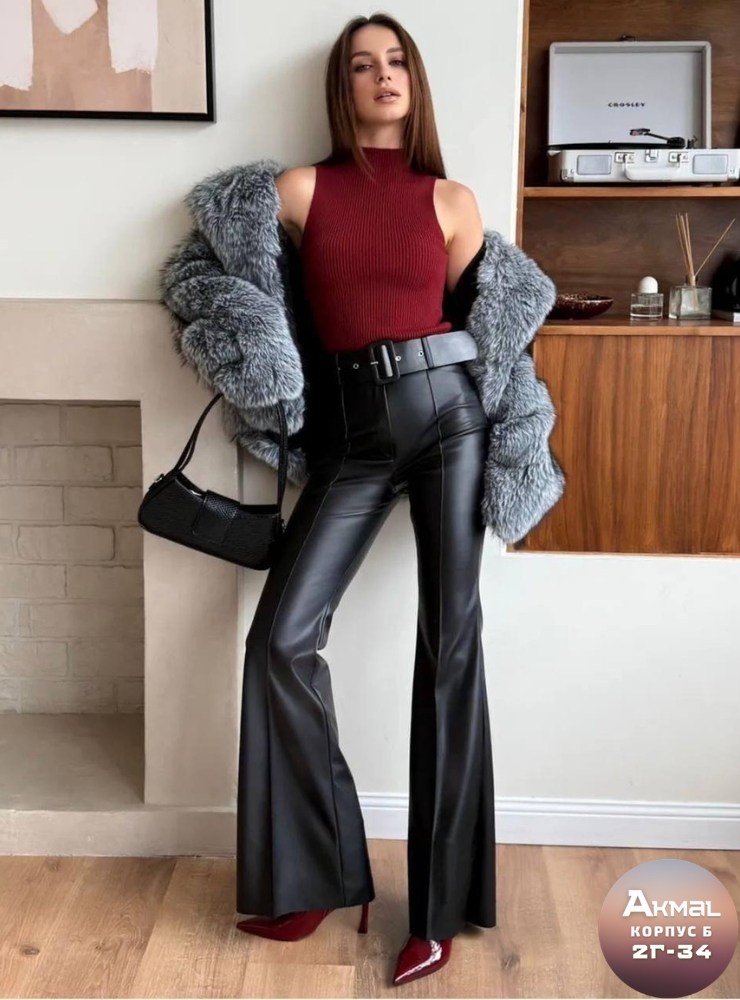 коричневые кожаные брюки mg1316 madmext,брюки кожаные,мода стиль,брюки стиль