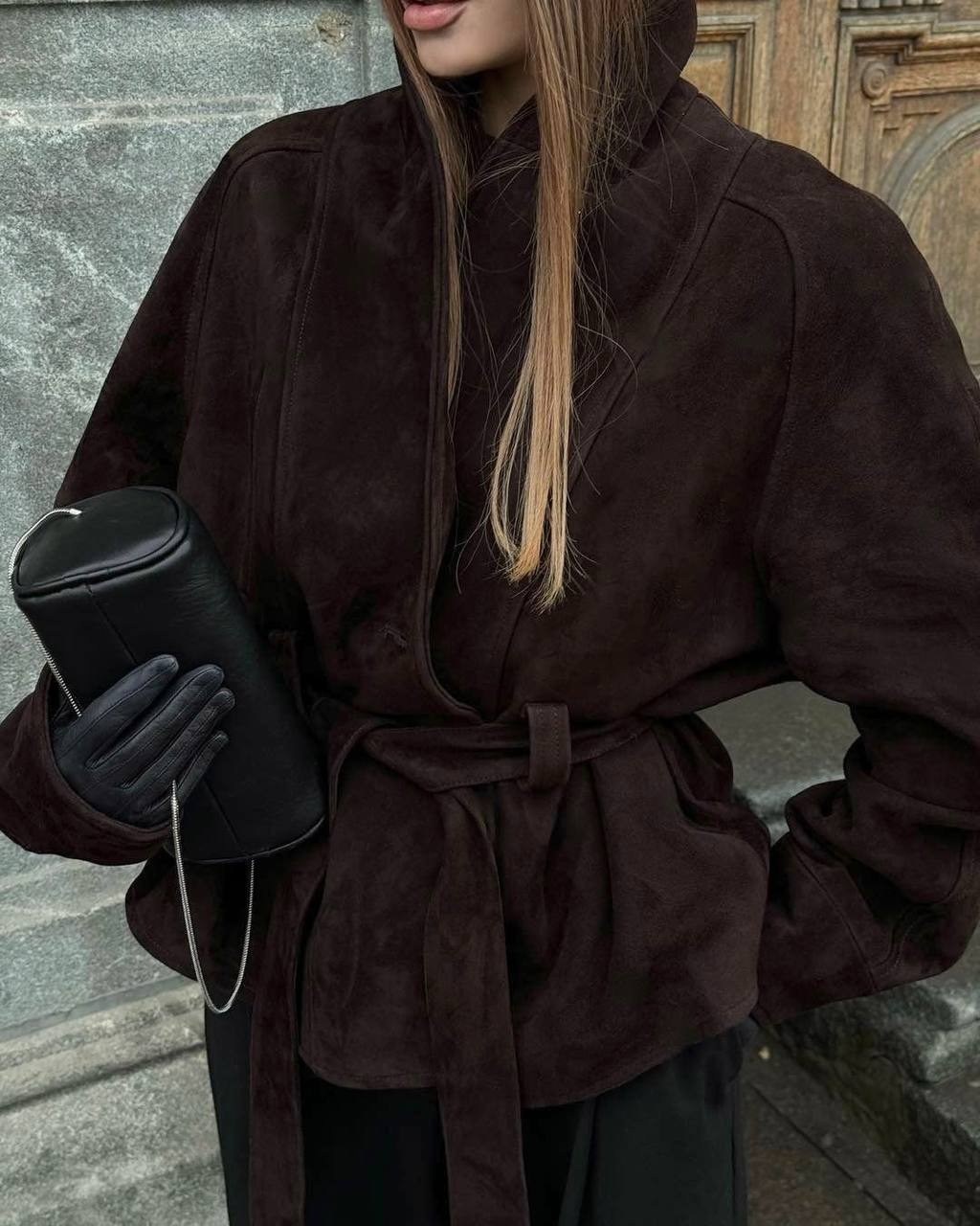 элегантная женская замшевая куртка с поясом,женская замшевая куртка baomyzhuo,женская куртка из замши шоколад,куртка из замши с длинными рукавами и коротким кроем,женская замшевая куртка chnmr