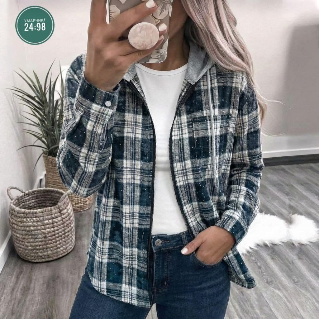 рубашка с капюшоном,рубашка в клетку женская,клетчатая рубашка женская теплая,женская кофта,рубашка в клетку