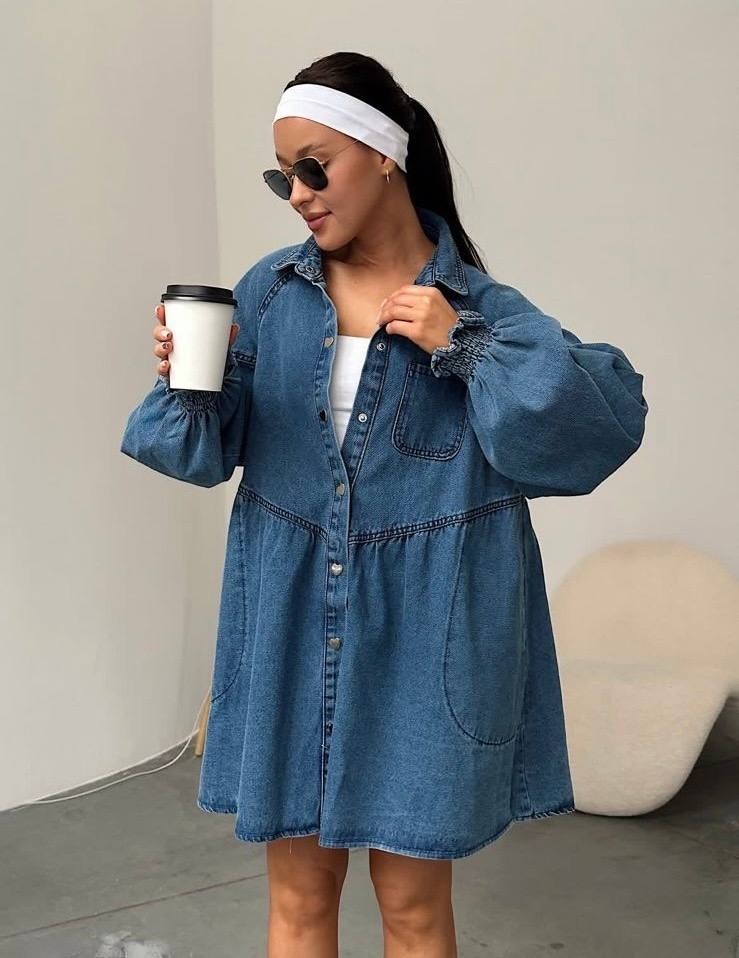 джинсовое платье,голубое джинсовое платье-рубашка с рукавом 3/4,женское джинсовое платье,женское джинсовое платье с длинным рукавом,vitoricci голубое джинсовое платье-рубашка с рукавом 3/4