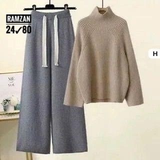 женский комплект из большого свитера с высоким воротником и широких брюк,женский костюм лапша,костюм женский кашемировый из свитера и брюк с высоким воротником,брюки с широкими штанинами,теплый трикот