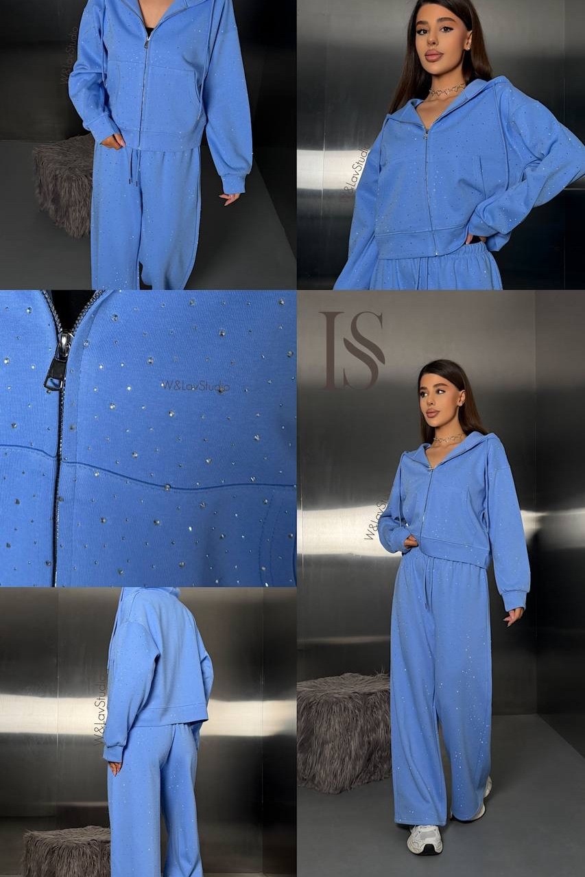костюм с капюшоном и брюками erdalis,женский костюм,костюм голубой,костюм велюровый,костюм спортивный женский