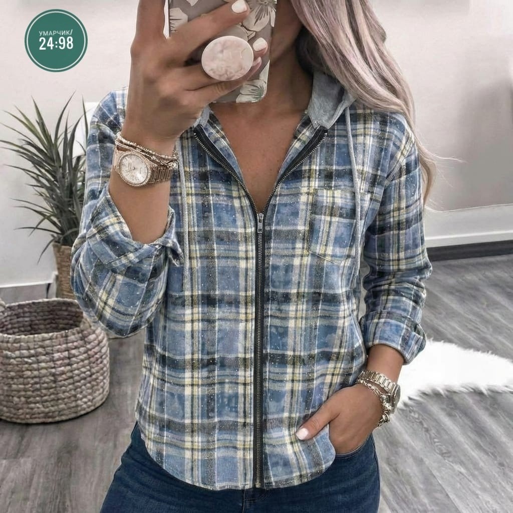 рубашка с капюшоном,рубашка в клетку женская,клетчатая рубашка женская теплая,женская кофта,рубашка в клетку