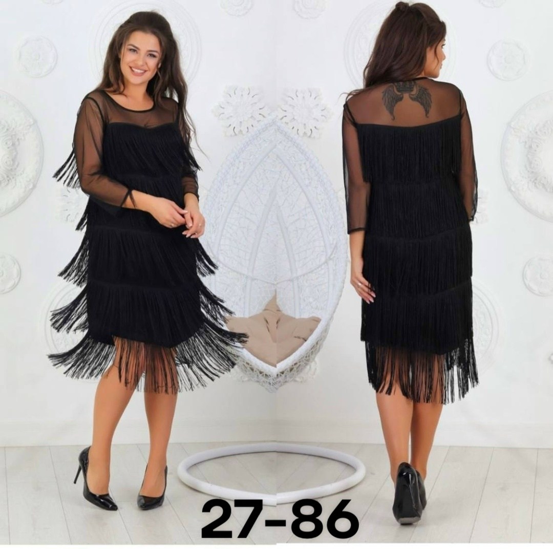 вечернее платье бахрома,платье с бахромой,платье с бахромой для полных,платье в размер ткань крепун декорировано бахромой,женское платье с бахромой