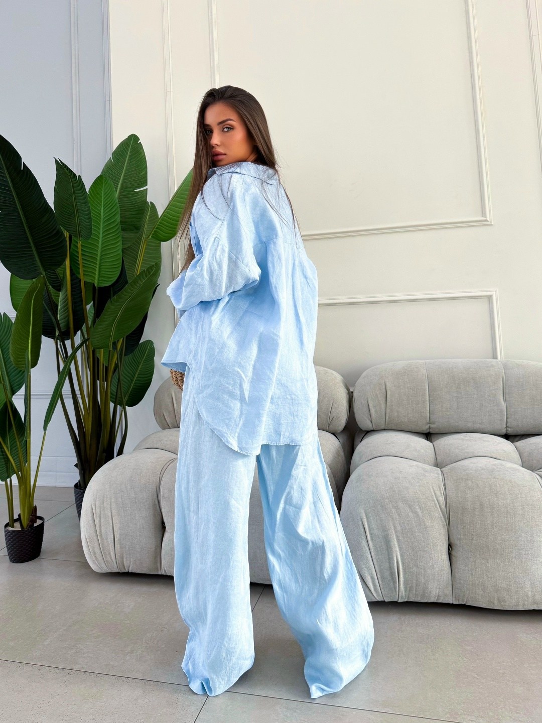 костюм женский,костюм голубой,льняной костюм,костюм летний женский,костюм брючный льняной
