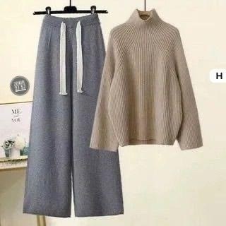 женский комплект из большого свитера с высоким воротником и широких брюк,женский костюм лапша,брюки с широкими штанинами,теплый вязаный костюм,костюм женский кашемировый из свитера и брюк с высоким во