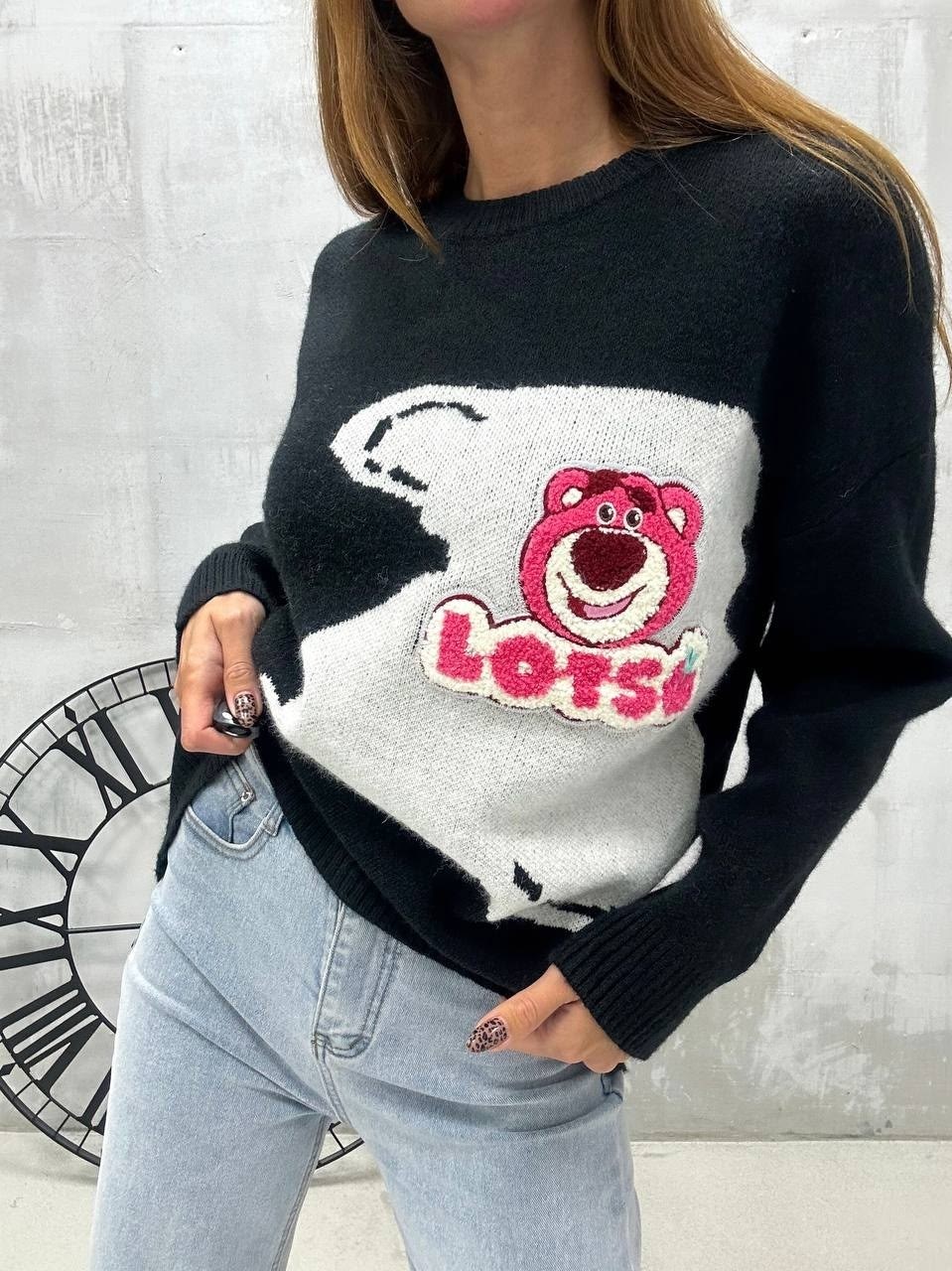 свитер москино с мишкой,кофта вязаная с принтом,стильная кофта,кофта женская,свитер с мишкой