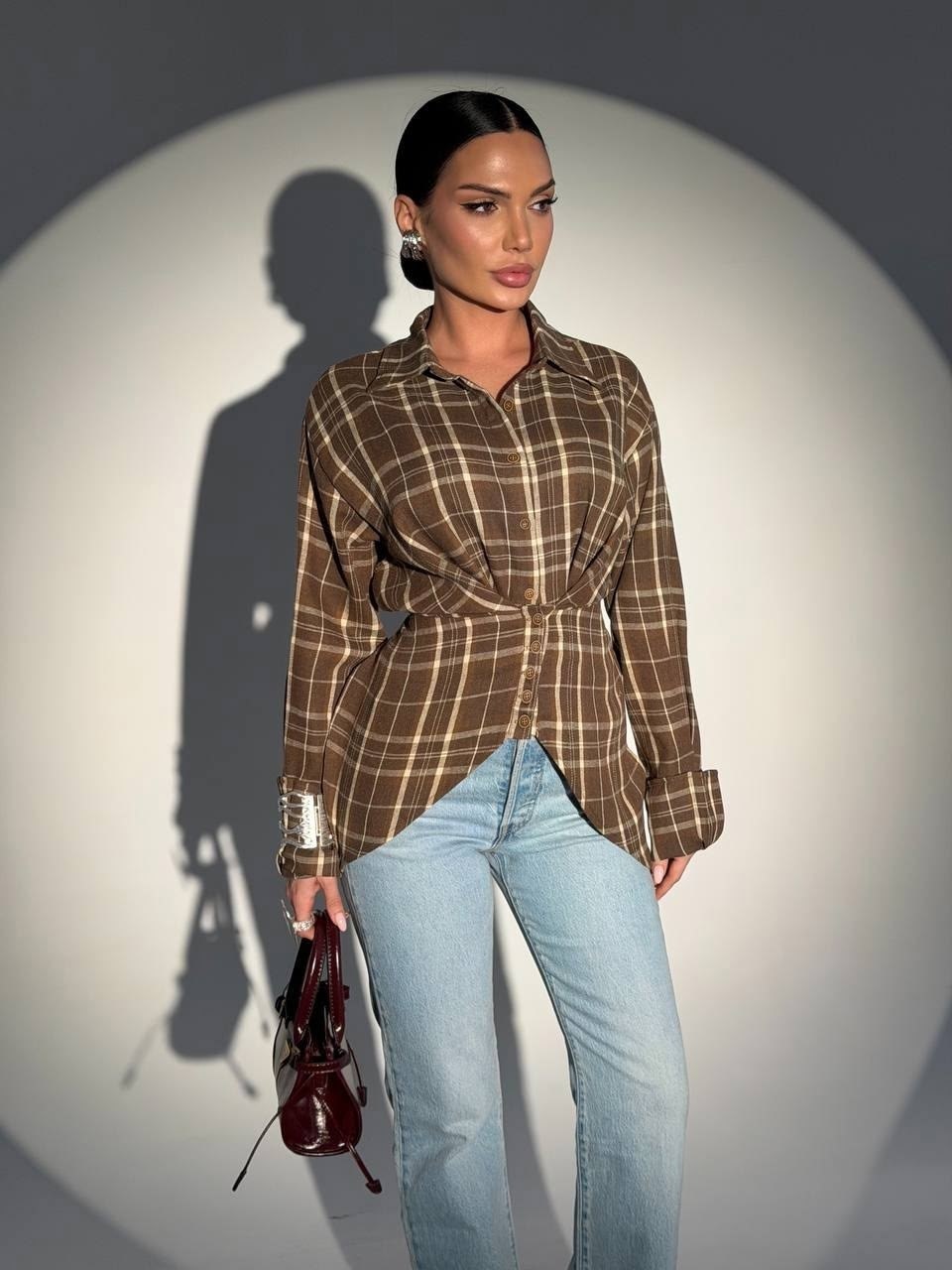 рубашка в клетку оверсайз со стразами perferita,рубашка женская в клетку,рубашка оверсайз в клетку,рубашка в клетку,женская рубашка