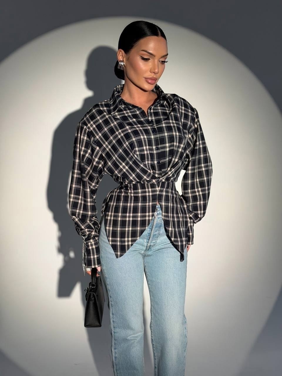 рубашка в клетку оверсайз со стразами perferita,рубашка женская в клетку,рубашка оверсайз в клетку,рубашка в клетку,женская рубашка
