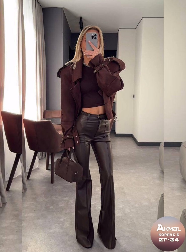 коричневые кожаные брюки mg1316 madmext,брюки кожаные,мода стиль,брюки стиль