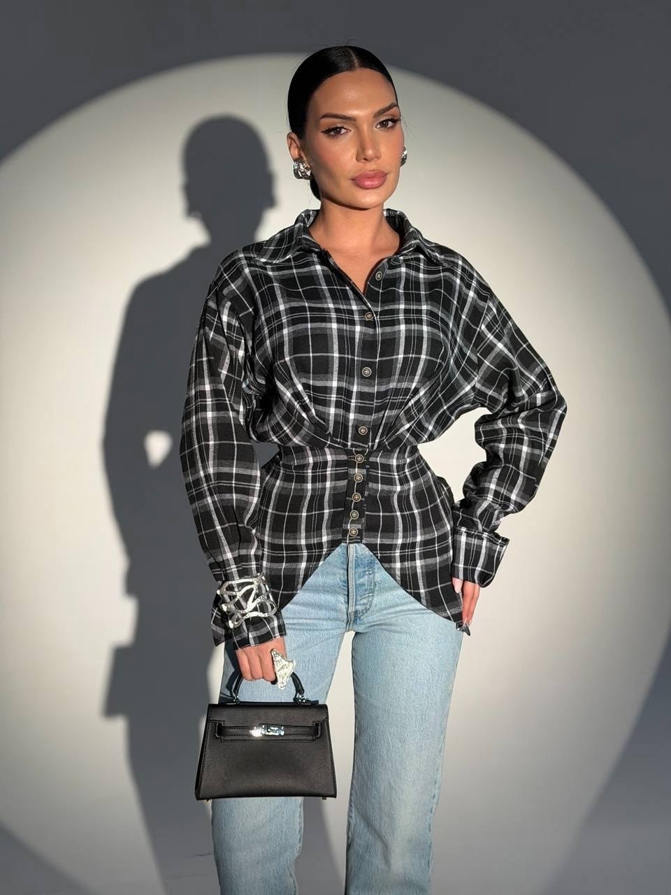 рубашка в клетку оверсайз со стразами perferita,рубашка женская в клетку,рубашка оверсайз в клетку,рубашка в клетку,женская рубашка