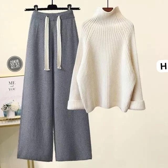 женский комплект из большого свитера с высоким воротником и широких брюк,женский костюм лапша,брюки с широкими штанинами,теплый вязаный костюм,костюм женский кашемировый из свитера и брюк с высоким во