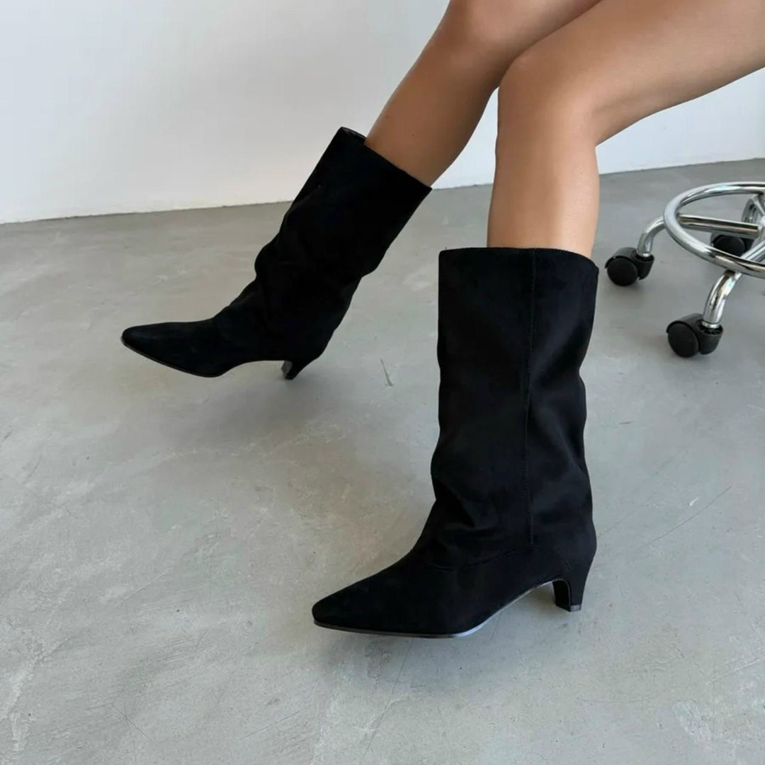 lmn ayakkabı siyah süet 6cm.aynalı topuk sivri büzgülü kadın çizme,сапоги,сапоги повседневные,сапоги женские замшевые на высоком каблуке с острым носком,сапожки