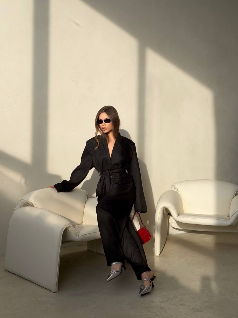 брючный костюм с кимоно,костюм кимоно женский брючный,брючный костюм черный,костюм женский (жакет, брюки) minaku silk pleasure цвет чёрный размер 48,женский костюм