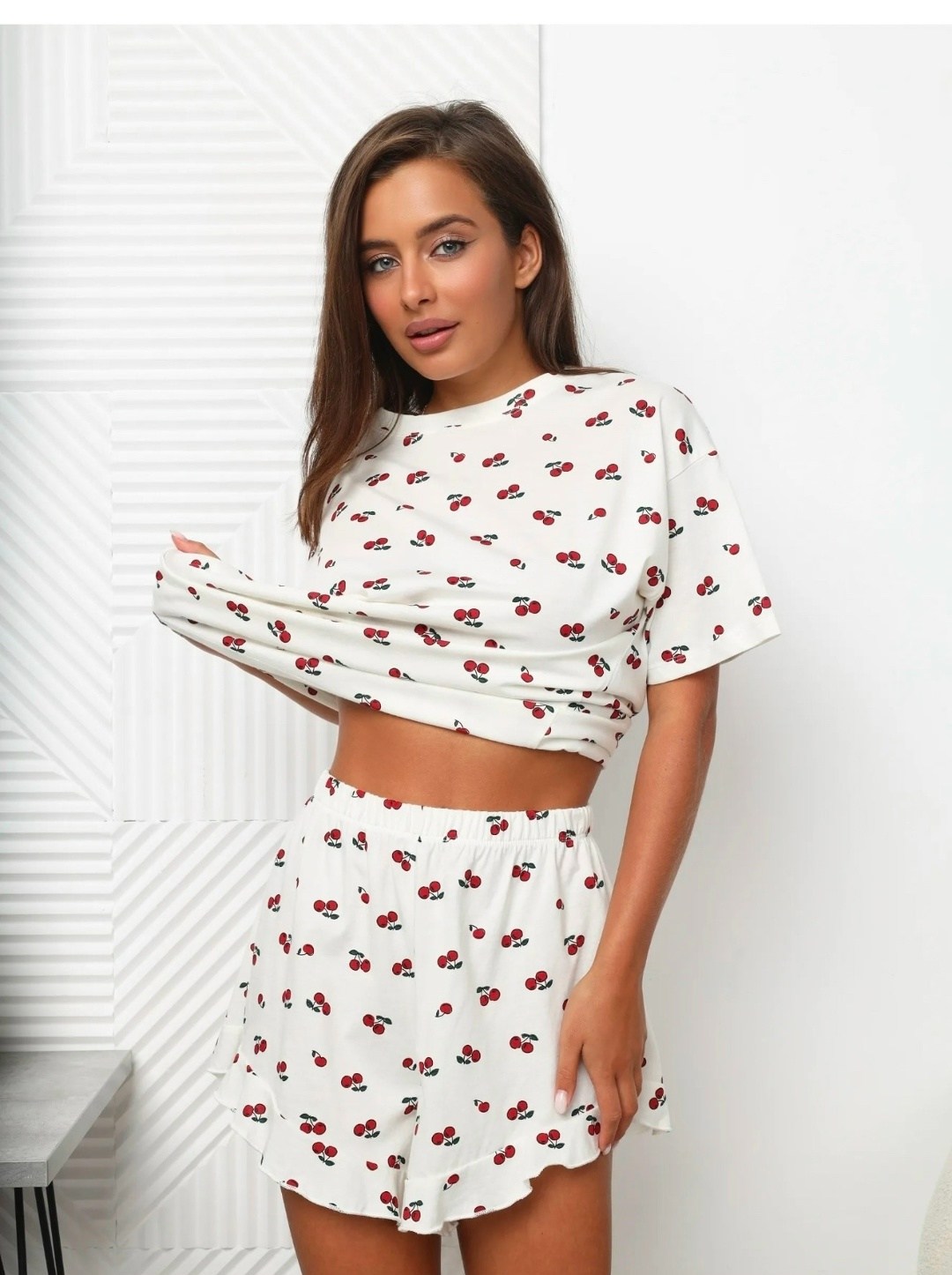 пижама с шортами и футболкой с вишней муслиновая katalinof,пижама женская,пижама с шортами женский,женская пижама с шортами с принтом вишенки,женская хлопковая пижама с шортами happyfox